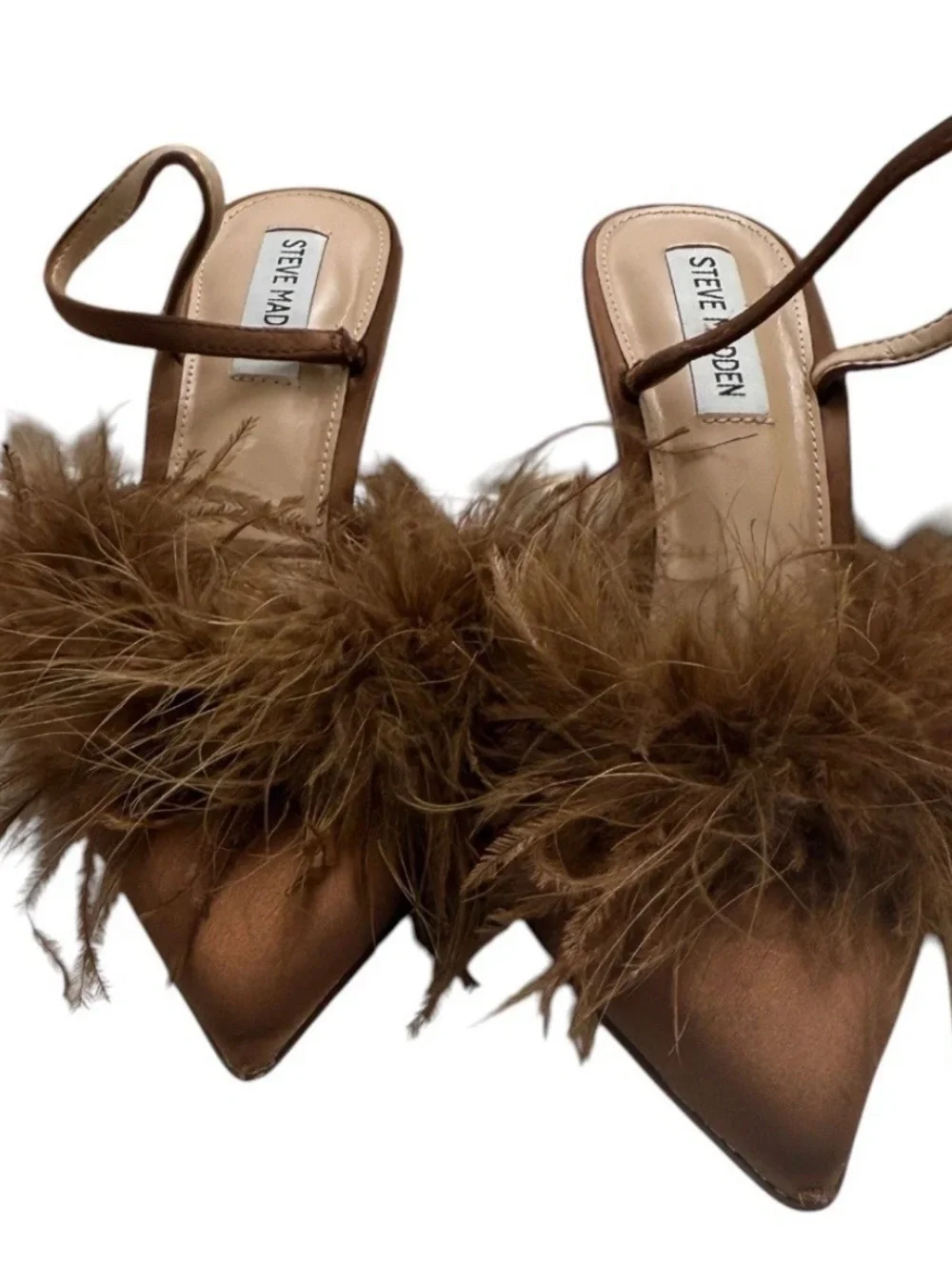 Steve Madden cocktail Satin Pumps and Feather Toe SlingBack Brown Heels Size 9